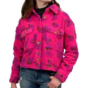 Ivy Jane Puff Floral Barn Jacket in Fuchsia Pink with Purple Flowers Size XL